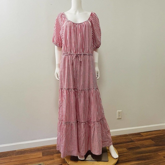 Draper James RSVP XL Maxi Dress Red White Stripe Tiered Short Sleeve Wide Neck - Picture 1 of 13